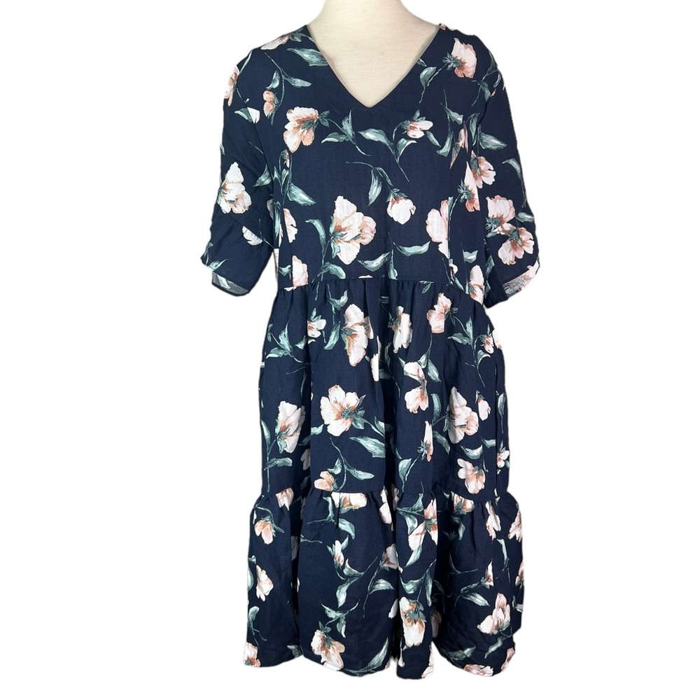 Nursing Queen Sz L Navy Floral Breastfeeding Dress Pockets Tiered Knee Length